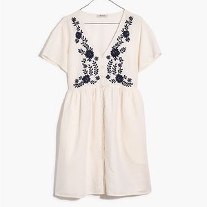Madewell White Navy Embroidered Linen-Blend Alexandra Button-Front Mini Dress